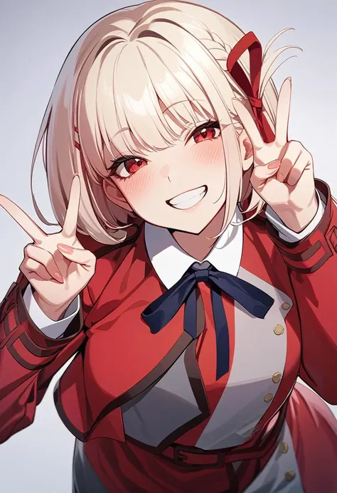 High Quality, Masterpiece, 1girl, nishikigi chisato, bob cut, hair ribbon, lycoris uniform, two-tone dress, red dress, grey dress, neck ribbon, long sleeves, <lora:XL_Char_LycorisRecoil_ChisatoNishikigi:1>, double v, seductive smile, grin, leaning forward,