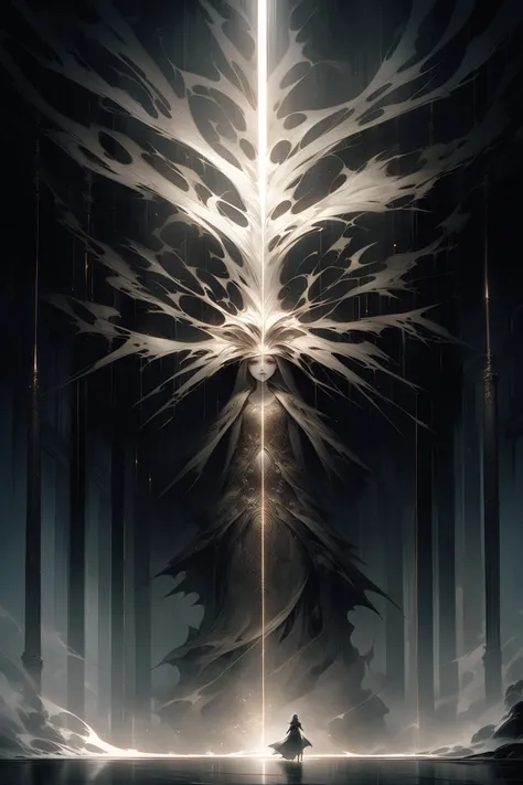 universal tree of life and death, suspended in a ray of light, low angle view, dark moody atmosphere, infinite corridors made of twigs, alien symmetric constructs, mystical, dark gothic, dreamy, ethereal, detailed and intricate, hypermaximalist, elegant, ornate, luxury, elite, horror, creepy, ominous, haunting, matte painting, cinematic, cgsociety, john william waterhouse, John singer Sargent, Mucha, gloomy, realistic, trending on artstation, old oak tree, flowing twigs, allium flower, ethereal vortex, intricate detailed geometries BREAK infinite maze, mystical, dark gothic, wide angle shot, muted colors, detailed and intricate, golden ratio, hypermaximalist, elegant, ornate, luxury, elite, horror, creepy, ominous, haunting, matte painting, cinematic, Renato muccillo and Andreas Rocha, trending on artstation, no people,