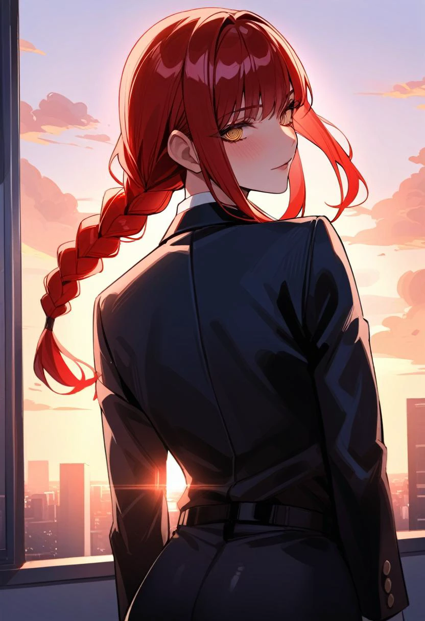 High Quality, Masterpiece, 1girl, makima, braided ponytail, ringed eyes, formal, black jacket, white shirt, black necktie, black pants, <lora:XL_Char_ChainsawMan_Makima:1>, from behind, sunset, arm behind back, office, window, looking at viewer,