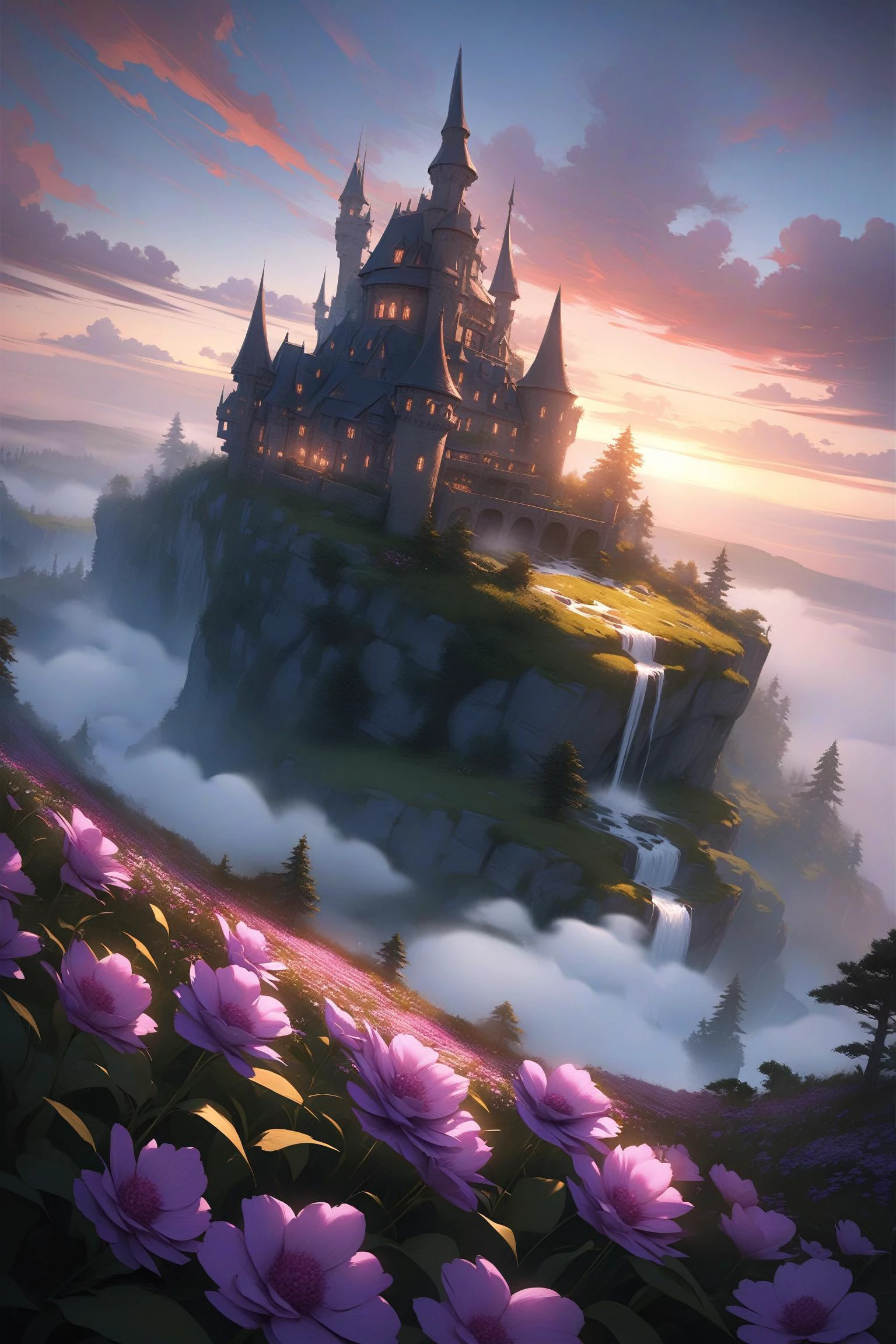 Garden castle, Many flowers, A few purple roses, clouds, dramatic clouds above, pink, dreamy ultra wide shot, atmospheric, hyper realistic, 8k, epic composition, cinematic, octane render, artstation landscape vista photography by Carr Clifton & Galen Rowell, 16K resolution, Landscape veduta photo by Dustin Lefevre & tdraw, 8k resolution, detailed landscape painting by Ivan Shishkin, DeviantArt, Flickr, rendered in Enscape, Miyazaki, Nausicaa Ghibli, Breath of The Wild, 4k detailed post processing, artstation, rendering by octane, unreal engine,