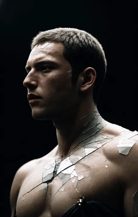a male, (stone skin cracked:1.4), (intricate details:1.22), hdr, (intricate details, hyperdetailed:1.2), whole body, cinematic, intense, cinematic composition, cinematic lighting, (rim lighting:1.3), color grading, focused