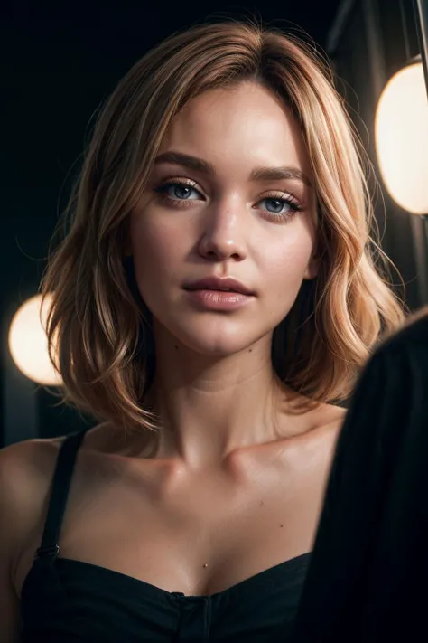 RAW photo, amateur, An Instagram model (from italy:1.3), close up on face, pinhole photography of mature woman, Afro haircut, Strawberry blonde haircolor, from below, cinematic lighting, hologram effect, detailed skin, skin blemish, sharp focus, shot on RED camera, in the style of (Liam Wong:1.4), <lora:more_details:0.55> <lora:skinny_new_skin:0.24>