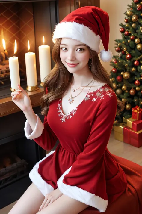 (girl in a beautiful red dress, holding a gift box decorated with ribbons、Standing in front of a beautifully decorated Christmas tree),Illustration,Christmas,Fun atmosphere,Twinkling lights,soft snowflakes fall,Best Quality,4K,Ultra-detailed,Vibrant colors,pine scent,Cozy,romantic,Cheerful,breathtaking scenery,Warmth,Happiness,Magical,Holiday spirit,Winter wonderland,pure love and kindness.、off shoulders、I have my short hair up、thighs thighs thighs thighs