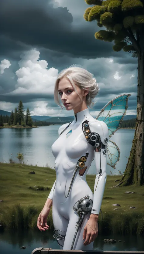 a female android,athletic,white hair,porcelain,tight bodysuit,white plastic,see through,ornate,(joints:1.1),wires,<lora:reelmech1v2:0.6>,(mechanical parts),<lora:FeyAndFairies-10:0.75>,FeyFa,fairy wings,sky,storm clouds,grass,lake,lights,