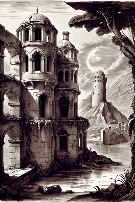 Pen and Ink Drawing, Sea view, ruin abandoned waterlogged old large stone fortress with a large courtyard and outbuildings, on the shores of the tropical island, walls covered with moss and plants, a yard is overgrown with grass, flowers and small trees, atmosphere of desolation, rest, oblivion, full moon, clouds, style of Arthur Adams, Neal Adams,
<lora:more_details:0.5>, by leonardo da vinci, <lora:DaVinciTech:0.5>