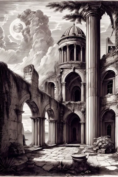 Pen and Ink Drawing, Sea view, ruin abandoned waterlogged old large stone fortress with a large courtyard and outbuildings, on the shores of the tropical island, walls covered with moss and plants, a yard is overgrown with grass, flowers and small trees, atmosphere of desolation, rest, oblivion, full moon, clouds, style of Arthur Adams, Neal Adams,
<lora:more_details:0.5>, by leonardo da vinci, <lora:DaVinciTech:0.5>