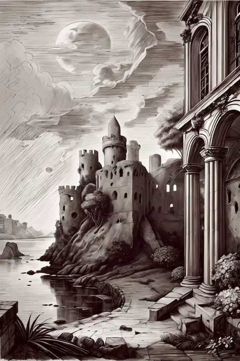 Pen and Ink Drawing, Sea view, ruin abandoned waterlogged old large stone fortress with a large courtyard and outbuildings, on the shores of the tropical island, walls covered with moss and plants, a yard is overgrown with grass, flowers and small trees, atmosphere of desolation, rest, oblivion, full moon, clouds, style of Arthur Adams, Neal Adams,
<lora:more_details:0.5>, by leonardo da vinci, <lora:DaVinciTech:0.5>