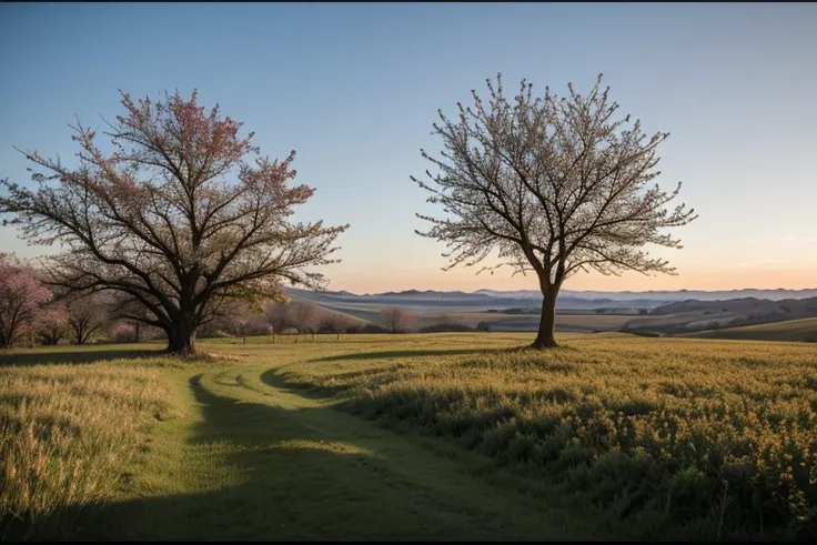 (masterpiece, best quality, professional photo, 35mm), wild landscape, early morning, a single tree on foreground, spring