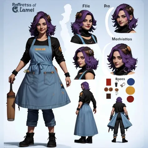 (Game character profile), the character is named "FCK" and has a rank in League of Legends, the character is (wearing a red and black apron), casual outfit, (holding a ceramic plate), evil smile, purple hair, denim pant, facing the viewer, the image also shows some information about the game developer, media scenes of the game, and some achievements and statistics of the character, the image is meant to showcase the 3D modeling and design of the character and the game, <lora:CharacterDesign_Concept:0.8>, (full body, reference sheet:1), blue background