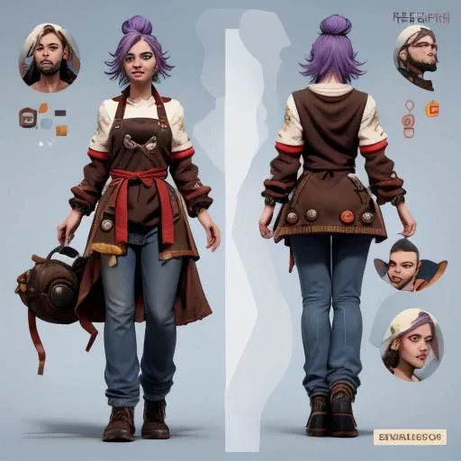 (Game character profile), the character is named "FCK" and has a rank in League of Legends, the character is (wearing a red and black apron), casual outfit, holding a ceramic plate, evil smile, purple hair, denim pant, facing the viewer, the image also shows some information about the game developer, media scenes of the game, and some achievements and statistics of the character, the image is meant to showcase the 3D modeling and design of the character and the game, <lora:CharacterDesign_Concept:0.8>, (full body, reference sheet:1), blue background
