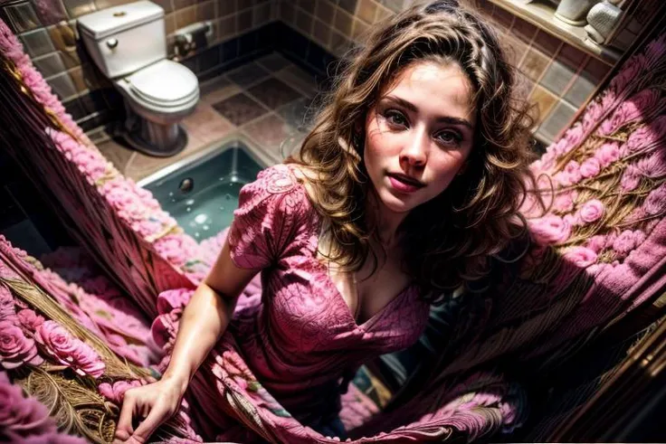 masterpiece, (hyperrealistic), (ultra-detailed), (RAW photo, 16k), ultra wide view, in a big toilet, 1lady, european, cozy, very pretty, happy, long blonde hair, sitting on toilet, holding a paper, perspective from above, ((intricate, rose, pink dress lift)), shadow, cinematic, realistic, <lora:colorfulart:1>, <lora:more_details:1>