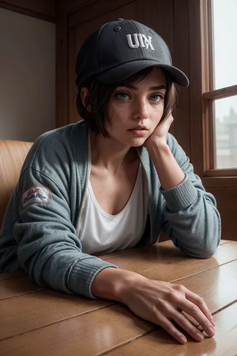 Instagram Photo of 27 y.o. woman, Anger, Lying on side with legs crossed at the ankles, Snapback hat, bomber jacket, t-shirt, joggers, sneakers, Pixie cut Hairstyle, Highlights hair color, Freckles, Dull and lifeless in sadness, Coppereye color, Bottom-heavy (larger hips and narrower bust), Dining room background, detailed skin, skin blemish, sharp focus, beautiful eyes, 8k uhd, dslr, soft lighting, high quality, film grain, Fujifilm XT3, perfect lighting, perfect shading, <lora:skinny_new_skin:0.3> <lora:epiCRealismHelper:1> <lora:more_details:0.6>