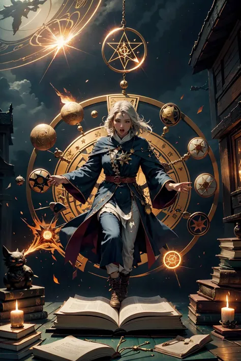 1 girl, colorful, full body, Wide Shot, wallpaper, energy, Unknown terror, arcane, Around the magic ,magic surrounds ,magic rod, book, pages flying all over the sky, Know it all, Predicting the Future, Know the past, Infinite wisdom, blue flame, Warlock, Magical Circle, Circle, Pentagram, incantation, mantra, Witcher, Singing magic, masterpiece, ultra realistic, best quality <lyco:MagicalCircle_Sora:0.9>