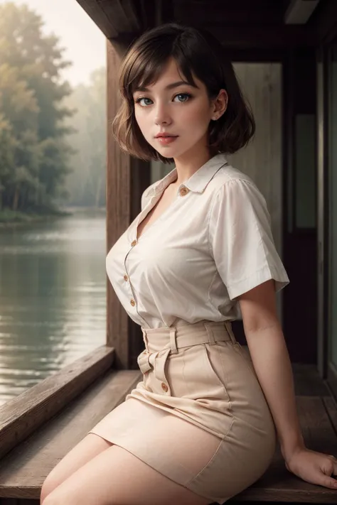 RAW photo, (vintage girl), (style of Helen Levitt:1.4), Relief, High-waisted pencil skirt, button-up blouse, and kitten heels, Bowl cut, Rose gold hair color, Silver or metallic highlighter for an ethereal glow, Pear-shaped with a fuller figure (curvy hips, thighs, and bust with a smaller waist), Mysterious mist-covered lake at dusk, detailed skin, skin blemish, sharp focus, beautiful eyes, (analog style:1.2), (film grain:1.2), (high detailed skin:1.2), 8k uhd, dslr, soft lighting, high quality, film grain, Fujifilm XT3, perfect lighting, perfect shading, <lora:epi_noiseoffset2:0.3> <lora:skinny_new_skin:0.4>