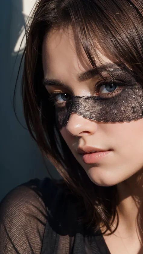 Photo portrait of a pensive young brunette woman with sparkling eyes, detailed skin, (half her face concealed in shadow:1.4), tight close up on face, dark background, side lighting revealing her gaze, eye level, in the style of Nathan Wirth