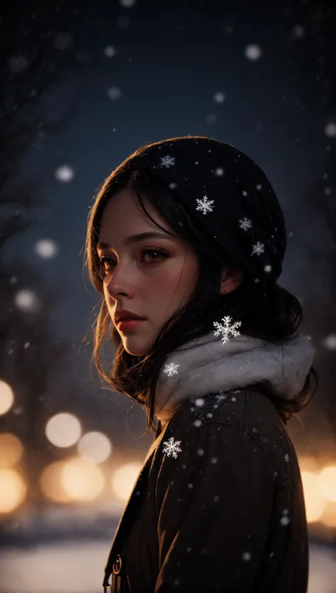 (portrait), masterpiece, best quality, ultra-detailed, illustration, woman, portrait snowing, night, bokeh ((facing viewer)) <lora:Festive_Bokeh_Anime:.8>