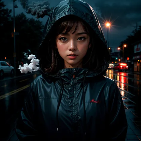 masterpiece, best quality, 1girl, japanese, brown hair, parted bangs, medium hair, brown eyes, parted lips,  hooded jacket, unbuttoned, rain, wet, cold, blowing smoke, 
<lora:skin_tone_slider_v1:1.5>  <lora:eye_size_slider_v1:0>  <lora:detailSliderALT2:0.5>,  <lora:age_slider_v6:-1.8> , blue hour, twilight, ISO12000 ,  <lora:GoodHands-vanilla:1>