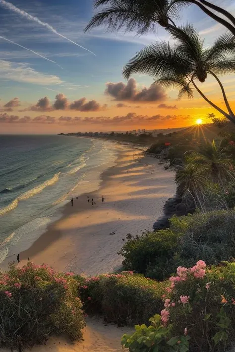 A palm tree on the beach in Malibu, California at sunset. The sky is pink and orange with gentle waves crashing against the white sand behind it. There is lush greenery around the base of the tree and colorful flowers growing nearby. In front there is an ocean view with some small islands visible. It feels peaceful and serene in the style of an impressionist painting. (sharp:1.2), (detailed:1.2), (HD:1.2), (HDR:1.2), (8K:1.2), (best quality:1.2), (best resolution:1.2), maximalist, (masterpiece:1.2), Best-QualityPos,
 Earth-QualityPos