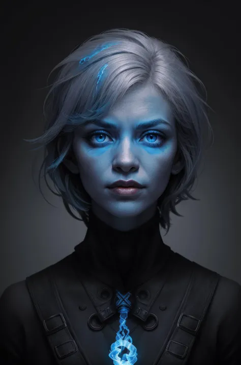 8k photo, closeup, Fashwave, x-ray photography, epic fantasy, Swirling electric blue, Fiery short [Mummy|Worgen] of Regret, Geek, Standing, Gray hair styled as Blunt bangs, Film grain, overlapping compositions, high resolution, highly detailed, best quality, rim lighting, <lora:polyhedron_skinny_all:0.6> <lora:detailed_eye:0.6>