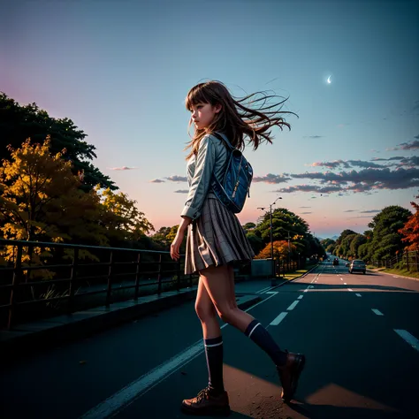 masterpiece, best quality, 1girl, japanese, brown hair, parted bangs, medium hair, brown eyes, autumn, white school uniform, walking, walk from side, full body, jumping, 
<lora:skin_tone_slider_v1:0.5>  <lora:eye_size_slider_v1:0>  <lora:detailSliderALT2:2>,  <lora:age_slider_v6:-1.8> , (blue hour, twilight, ISO12000:1.3) , low-key lighting, dimly lit, <lora:GoodHands-vanilla:1>