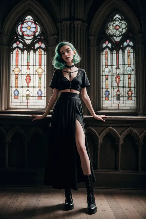 RAW photo, (goth girl), (style of Tim Walker:1.4), eerie, dark theme, horror, unsettling, Loneliness, Tulle skirt, band tee, and combat boots, sam yang, Mermaid waves, Neon green hair color, Slim and tall (slender build with above-average height), Gothic cathedral with stained glass windows, detailed skin, skin blemish, sharp focus, beautiful eyes, (analog style:1.2), (film grain:1.2), (high detailed skin:1.2), 8k uhd, dslr, soft lighting, high quality, film grain, Fujifilm XT3, perfect lighting, perfect shading, <lora:epi_noiseoffset2:0.3> <lora:skinny_new_skin:0.3> <lora:sam_yang_offset_right_filesize:0.4>