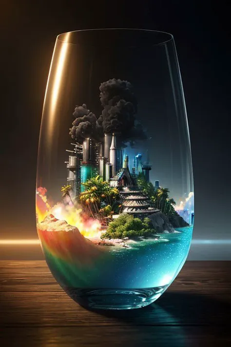 ultra realistic 8k cg, flawless, clean, masterpiece, professional artwork, famous artwork, cinematic lighting, cinematic bloom, (((photo raw)), background), a large rainbow glass cyberpunk container with a vacation island inside, colored smoke <lora:Contained_Color_SDXL:1>