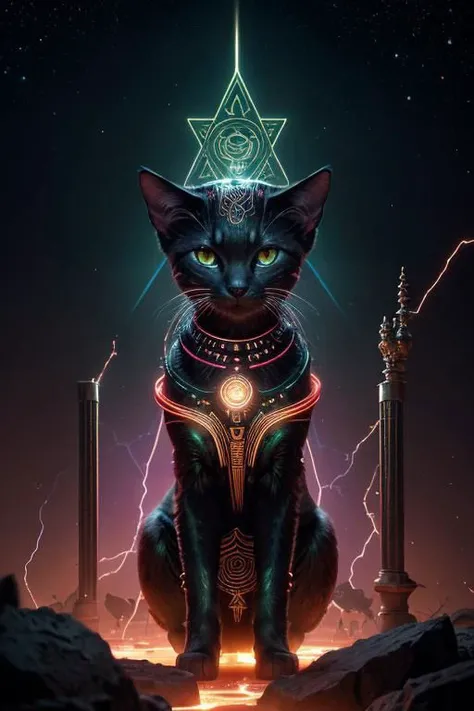 Surrounded by glowing streams of code and digital elements, the goddess Bastet embodies the essence of creativity born of artificial intelligence. Set against a cosmic backdrop, the dark space conveys a sense of limitless innovation with shades of lush green and fiery red reminiscent of ancient Egyptian symbols. Floating gracefully around Bastet are symbols of interconnected networks, intertwined with hieroglyphs, adding to the mystery. Bastet conveys the power of ancient mysticism, with a prominent infusion of vibrant red hues. In the distance, illuminated pyramids rise, uniting the worlds of ancient mysticism and high-tech witchcraft.