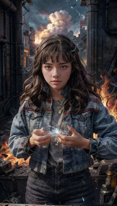(best quality, masterpiece, beautiful and aesthetic:1.2, colorful, dynamic angle)((Full shot)), (highly detailed illustration), science fiction, extreme detailed, colorful,35mm, bokeh, 9:16, (intricate details, hyperdetailed:1.15), detailed, sunlight passing through hair (high contrast, official art, extreme detailed, highest detailed),
<lora:AmericaChavez_DrStrange_XochitlGomez_smf_lora_v2:0.9>, 1girl, a3e41c4c-smf, solo, realistic, brown eyes, black hair, jacket, denim jacket, necklace, lips, parted lips, portrait, long hair, outdoors, looking at viewer, bangs, day, brown hair, shirt, blue jacket, glowing, blue magic, red light, broken glass, full body,
<lora:add_detail:0.4>, blue glowing energy, blue glowing orbs, ruined temple, destroyed temple, fire, clouds