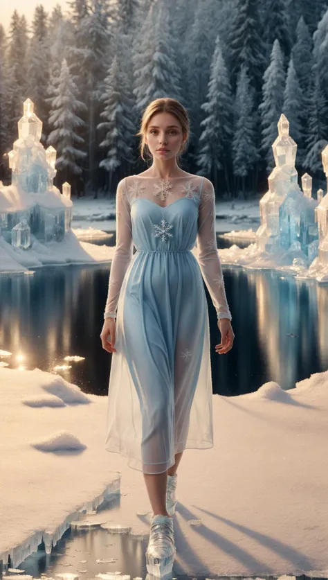 masterpiece,best quality,<lora:frosted-style-richy-v1:1>,frostedstyle,woman standing on frozen lake,wearing a long blue dress that seems part of the ice,looking at viewer,