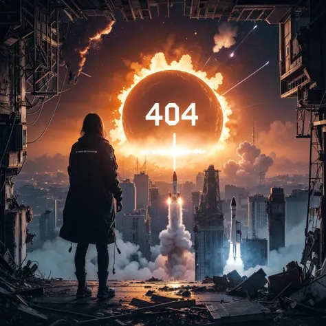 (404:1.2), 1girl, aircraft, bridge, building, burning, city, city lights, cityscape, cloud, crane \(machine\), destruction, explosion, fire, from behind, (fighter aircraft:1.2), neon lights, outdoors, ruins, scenery, science fiction, sky, skyscraper, (space craft:1.2), sun, sunset, tower, twilight, end of world, (rocket missile:1.3), (rocket launching:1.2)