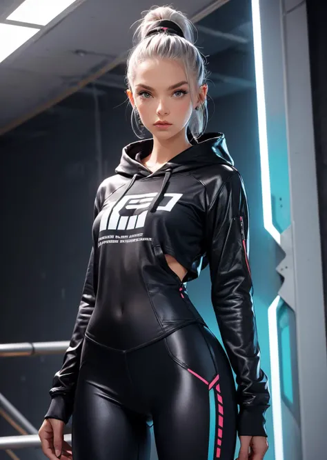 edgNoire,upper body shot,female, woman wearing casual hoodie with logos, sleek designer bodysuit, (cyber leggings:1.1) ,cyberpunk scene <lyco:edgNoireHoodies:0.9> <lora:MG_jijia:1>