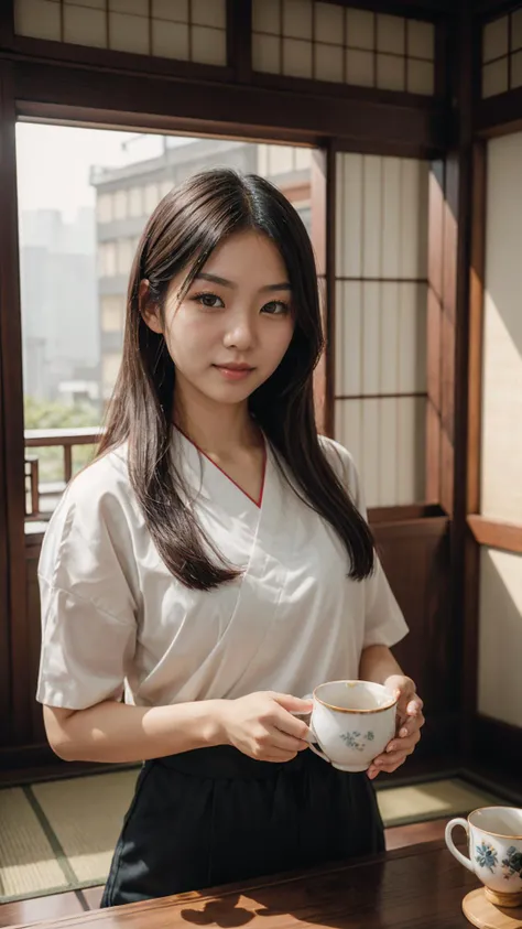 Lifestyle photography photo of a young pretty Japanese woman, with long, black, straight hair, pouring tea in a traditional tea ceremony, looking at viewer, upper body framing, in a Japanese tea room, symmetrical background, under (natural lighting:1.3), shot at eye level, on a Sony A7111, with a (soft focus filter:1.3),(in the style of Wes Anderson:1.3)