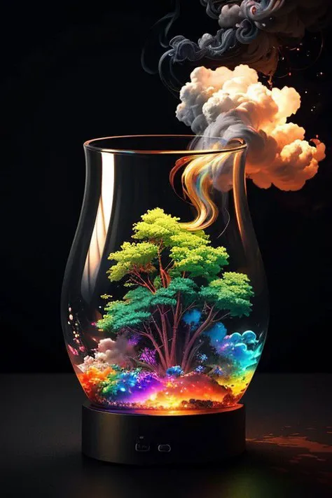 ultra realistic 8k cg, flawless, clean, masterpiece, professional artwork, famous artwork, cinematic lighting, cinematic bloom, (((photo raw)), background), a large rainbow glass cyberpunk container with a vacation island inside, colored smoke <lora:Contained_Color_SDXL:1>