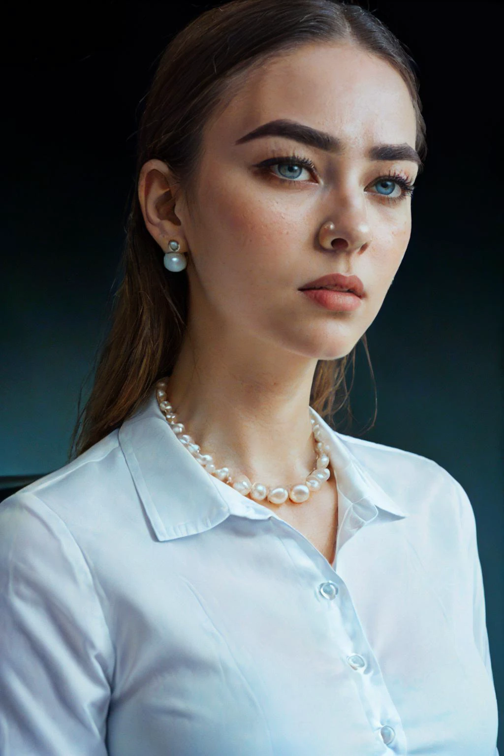 (masterpiece, high quality, highres:1.3),(official art, beautiful and aesthetic:1.2), (full shot:1.2), (1girl, solo, masterpiece, 8k, HDR:1.2), (photorealistic portrait of a striking Woman:1.5), (adorned in business attire:1.3), (pearl necklace:1.3), (Blue, Deep-set Eye Shape, Defined eyebrows, determined facial expression:1.4), (modern office backdrop:1.4), <lora:sh1rtng:0.5> sh1rtng, white shirt