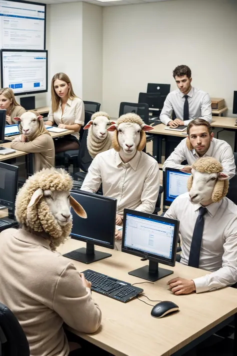 a group of sheeps sitting at their desk in an office setting with computers, dystopia, a stock photo, institutional critique