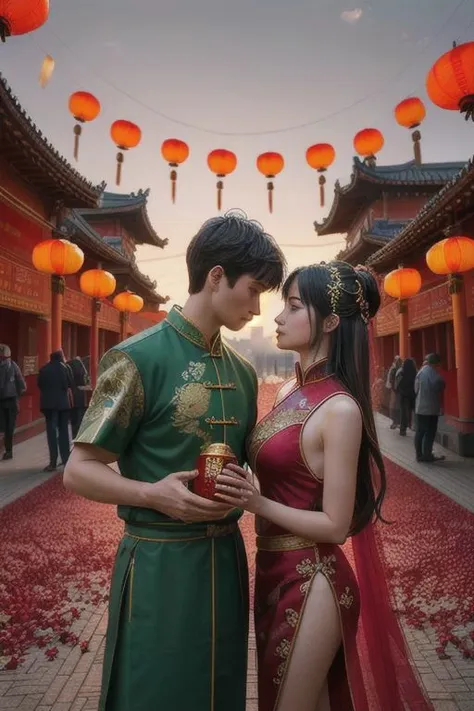 (photorealistic, realistic, raw photo:1.5) and (intricately detailed:1.25), epic, masterpiece, best quality, a woman, Longnu (Dragon Girl), Chinese goddess, sfw, paper lantern, (sky lantern), (magical, mystical, high-quality, detailed), (spring-green and imperial-yellow theme), earthly colors, alluring, warmly through the clouds, casting a red tone over her tan skin, l<lora:Valentine_v1:.0.7> romantic background for valentine, hearts, heart, red, pink, light particles, lens flare, silhouette of a couple kissing, <lora:quiron_valentinesDay_v1_lora:0.87> ValentinesDayQuiron, flower field, gift box, heart, red background, red flower, red theme,
<lora:quiron_lunarNewYear2024_v1_lora:0.87> lunarNewYear2024quiron,festival party, lights, fireworks,  chinese festival, crowded, new year celebration , claws, dragon, east asian architecture,  fine art parody, lunar new year 2024 quiron, lunarnewyear2024quiron, open mouth, paper lantern, realistic, sharp teeth, tail, 
eastern dragon, scales, crocodile nose, red (Chinese lanterns )in background, fog,  fireworks and fog  far background, fire, lighting, glowing dragon scales,   intricate detailed, 3d ice cube, dripping, on smoke, 8k, light glitter on box, to go on a 3d futuristic box exactly like uploaded example/reference. One single shape on the box. Word "Ice" on the front. Put text on side of box that says "Trap Melody Kit",