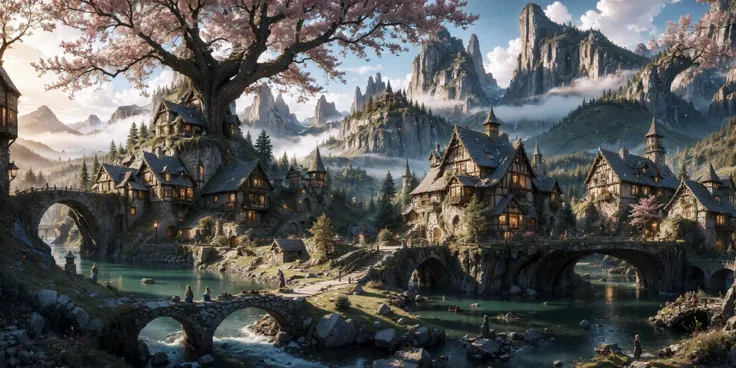 ethereal fantasy concept art of beautiful scenic landscape image of fantasy realm with intricate elven villages, mystic forest with lush foliage and colors, crystal clear rivers and floating mountain, with a hobbit cottage in the far distance and . Extremely high-resolution details, full of vibrant colors, photographic, realism pushed to extreme, fine texture, incredibly lifelike . Magical, fantastical, enchanting, storybook style, highly detailed . Extremely high-resolution details, photographic, realism pushed to extreme, fine texture, incredibly lifelike, artstyle from thomas kinkade, solid lines and full of colors . magnificent, celestial, ethereal, painterly, epic, majestic, magical, fantasy art, cover art, dreamy