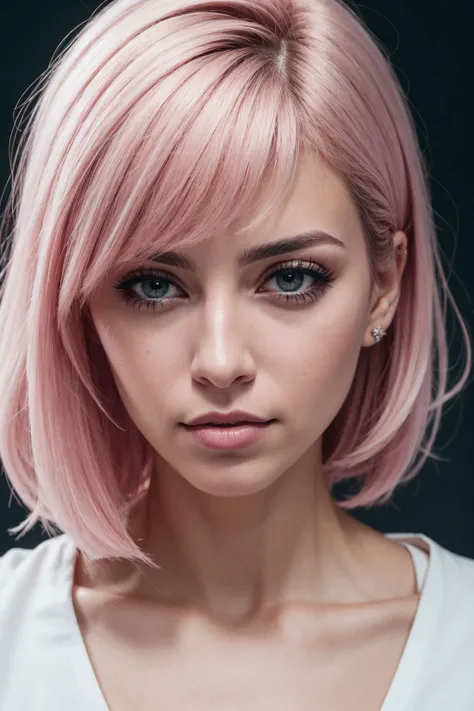 RAW photo, a portrait of 32 years old edgy woman, (from venezuela:1.3), (high detailed skin:1.2), 8k uhd, dslr, soft lighting, high quality, film grain, Fujifilm XT3, Side-swept bangs, Pastel pink hair color