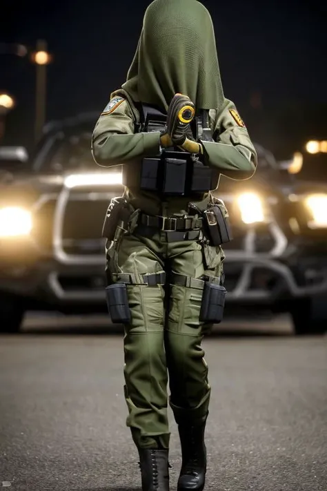 cinematic shoot, 1girl, Nokk, millitary, specjal force, uniform, green , mask, covered face, detailed, intricate details, perfect quality, best quality, masterpiece, realistic, photorealisitc , full body shoot, cowboy shoot , bokeh, realistic lights, profesional photo, 8k, detailed skin, military boots, standing, posing,