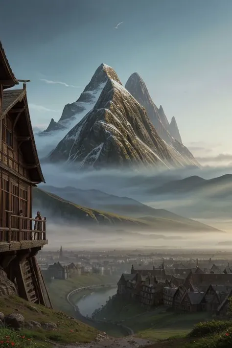 A highly detailed digital matte painting, of a vast mountain with a city covering the sides of it, a rope bridge leads from the camera's POV to the city, Lord of the Rings landscape scenery, style of Jeff Easley and James Gurney, perfect composition, epic, stirring, banners, riders, towers, a flight of crows, dramatic, memorable, masterpiece