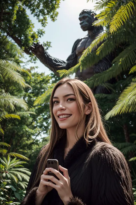 a woman standing in front of a gorilla giant, gorilla fur dress, in a forest of trees and plants, smiling at the camera, Christian W. Staudinger, promotional image, a statue, neo-romanticism