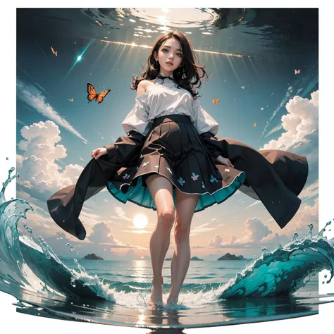 (white background:1.5), (circle:1.0), Gacha Splash fantasy, high quality fingers, normal hands, detailed fingers, masterpiece, (22 years old woman), medium breast, small waist, brown flowing hair glamour, (green glowing eyes), beautiful face, perfect illumination, beautiful detailed eyes, looking at viewer, stunningly beautiful woman, detailed hairstyle, (ocean, sea waves, water splashes, sky, light particles, butterflies, night, starry sky), (wearing flowing skirt and over-sized shirt with shoulders showing), ((full body shot, standing)), <lora:lihui4JXK-b2-bf16-128-128-1-re1-ep3-768-DA-5015fix:1:Gacha>