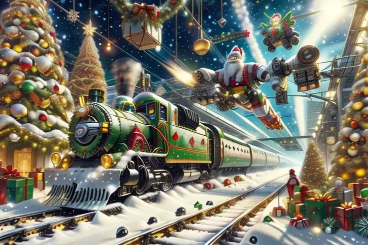 ((best quality)), Robot Santa, Green santa outfit, jet powered train