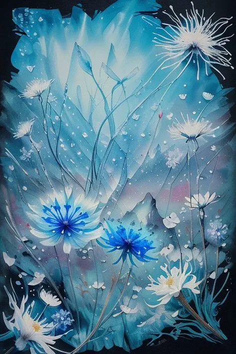 flying splashes, flying petals, wind,
ink painting,acrylic,cute ice cornflowers,,flat,vintage,art on a cracked paper,fairytale,storybook detailed illustration,cinematic,tiny details,beautiful details,luminism,vibrant colors,complex background,painted,volumetric lighting,rich deep colors masterpiece,sharp focus,