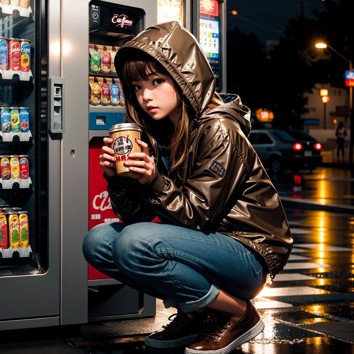 masterpiece, best quality, 1girl, japanese, (blonde | brown hair), parted bangs, medium hair, brown eyes, hooded jacket, unbuttoned, rain, wet, squatting, vending machine, holding canned coffee,
<lora:skin_tone_slider_v1:1.5> <lora:eye_size_slider_v1:0> <lora:detailSliderALT2:0.5>, <lora:age_slider_v6:-1.8> , blue hour, twilight, ISO12000 , <lora:GoodHands-vanilla:1>