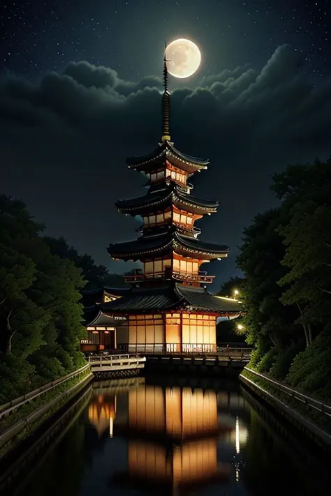 A highly detailed digital matte painting, of a Japanese pagoda rising above an old wall beside a canal, at night with fireflies, teenagers walking past, dreamlike glowing nocturnal beauty, style of Yuumei and James Gurney, perfect composition, Japan, celestial, peaceful, atmospheric, mist, full moon, dramatic, memorable, masterpiece