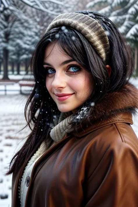 Shot from a side,(girl), black hair, (glossy_perfect_eyes), brown fur-coat, (gracefully posing), slightly_smiling, looking_at_viewer, in_love, (snowfall:1.3), (winter), (uppder_body), park, romantic_sunset, depth_of_field, 8k, intricate details, ((hyperrealistic))