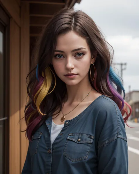 (masterpiece:1.1),(highest quality:1.1),(HDR:1),girl with really wild hair,mane,multicolored hairlighting,(from front:0.6),