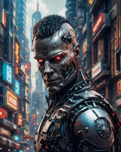 24 yo Sting as a fierce Cyborg War Lord, red head, muscle, bodybuilder, mohawk punk hairstyle, cyborg cyberpunk body armor, Marvel Studio Style,, insanely detailed and intricate background Cyberpunk City scene with some other characters and objects, a masterpiece cinematic photo realistic illustration of Color Comic Maestro Don Lawrence, super detailed, high resolution, full vibrant color, volumetric lighting, octane render, OverallDetail, <lora:detail_slider_v4:0.85> <lora:depth_of_field_slider_v1:0.75> <lora:CyberWorld_v1.1:0.75>