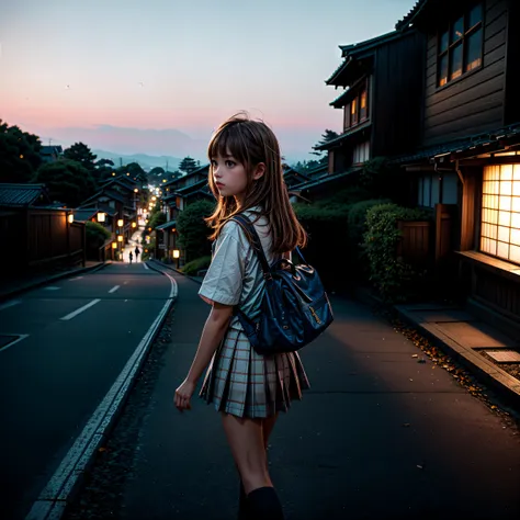 masterpiece, best quality, 1girl, japanese, brown hair, parted bangs, medium hair, brown eyes, autumn, white school uniform, walking, from side, looking afar, 
<lora:skin_tone_slider_v1:0.5>  <lora:eye_size_slider_v1:0>  <lora:detailSliderALT2:2>,  <lora:age_slider_v6:-1.8> , (blue hour, twilight, ISO12000:1.3) , low-key lighting, dimly lit, <lora:GoodHands-vanilla:1>